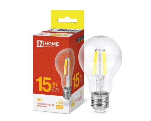 Лампа светодиодная LED-A60-deco 15Вт 230В Е27 3000К 1480Лм прозрачная IN HOME