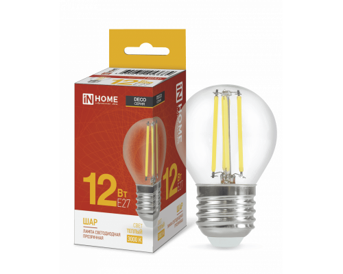 Лампа светодиодная LED-ШАР-deco 12Вт 230В Е27 3000К 1350Лм прозрачная IN HOME