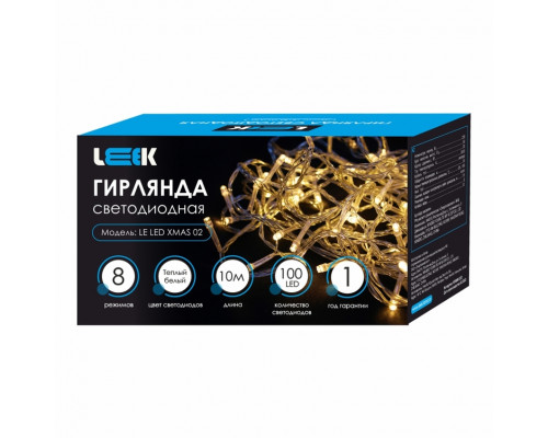 Гирлянда с/д нить LEEK 10м 100 LED прозрачный кабель, 3000К (30)