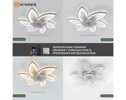 Управляемая светодиодная люстра с вент. FAN FLOWER 92W+18W R-APP-800x130-WHITE/WHITE-220-IP20