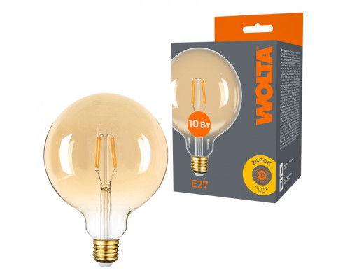 Светодиодная лампа WOLTA Filament, AC 220-240В, 50/60 Гц, золотое стекло, "Шар", G125, E27, 10 Вт, 800 лм, 2400 К, 1/10/20