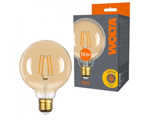 Светодиодная лампа WOLTA Filament, AC 220-240В, 50/60 Гц, золотое стекло, "Шар", G95, E27, 10 Вт, 800 лм, 2400 К, 1/10/20
