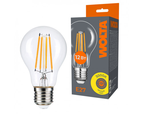 Светодиодная лампа WOLTA Filament, AC 220-240В, 50/60 Гц, прозрачное стекло, "Груша", A60, E27, 12 Вт, 1100 лм, 3000 К, 1/10/100