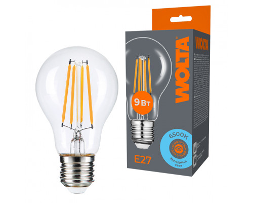 Светодиодная лампа WOLTA Filament, AC 220-240В, 50/60 Гц, прозрачное стекло, "Груша", A60, E27, 9 Вт, 900 лм, 6500 К, 1/10/100