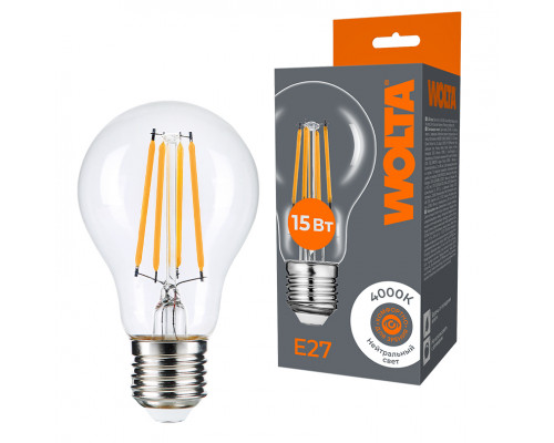 Светодиодная лампа WOLTA Filament, AC 220-240В, 50/60 Гц, прозрачное стекло, "Груша", A60, E27, 15 Вт, 1350 лм, 4000 К, 1/10/100