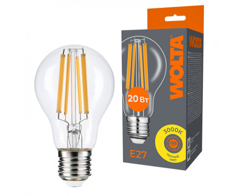 Светодиодная лампа WOLTA Filament, AC 220-240В, 50/60 Гц, прозрачное стекло, "Груша", A60, E27, 20 Вт, 1800 лм, 3000 К, 1/10/100