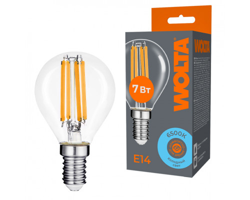 Светодиодная лампа WOLTA Filament, AC 220-240В, 50/60 Гц, прозрачное стекло, "Шар", G45, E14, 7 Вт, 630 лм, 6500 К, 1/10/100