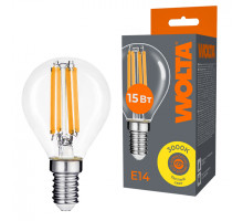 Светодиодная лампа WOLTA Filament, AC 220-240В, 50/60 Гц, прозрачное стекло, "Шар", G45, E14, 15 Вт, 1200 лм, 3000 К, 1/10/100