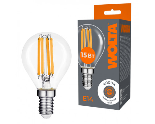Светодиодная лампа WOLTA Filament, AC 220-240В, 50/60 Гц, прозрачное стекло, "Шар", G45, E14, 15 Вт, 1200 лм, 4000 К, 1/10/100