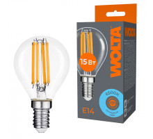 Светодиодная лампа WOLTA Filament, AC 220-240В, 50/60 Гц, прозрачное стекло, "Шар", G45, E14, 15 Вт, 1200 лм, 6500 К, 1/10/100