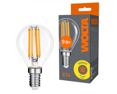 Светодиодная лампа WOLTA Filament, AC 210-240В, 50/60 Гц, прозрачное стекло, "Шар" G45 E14, 9 Вт 810 лм, 3000 К, 1/10/100