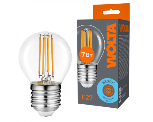 Светодиодная лампа WOLTA Filament, AC 220-240В, 50/60 Гц, прозрачное стекло, "Шар", G45, E27, 7 Вт, 630 лм, 6500 К, 1/10/100