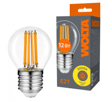 Светодиодная лампа WOLTA Filament, AC 220-240В, 50/60 Гц, прозрачное стекло, "Шар", G45, E27, 12 Вт, 1050 лм, 3000 К, 1/10/100