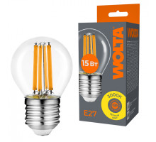 Светодиодная лампа WOLTA Filament, AC 220-240В, 50/60 Гц, прозрачное стекло, "Шар" G45 E27, 15 Вт, 1200 лм, 3000 К, 1/10/100