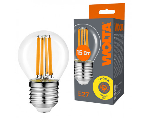 Светодиодная лампа WOLTA Filament, AC 220-240В, 50/60 Гц, прозрачное стекло, "Шар" G45 E27, 15 Вт, 1200 лм, 3000 К, 1/10/100