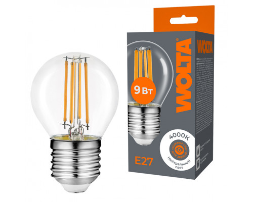 Светодиодная лампа WOLTA Filament, AC 220-240В, 50/60 Гц, прозрачное стекло, "Шар" G45 E27, 9 Вт 810 лм, 4000 К, 1/10/100