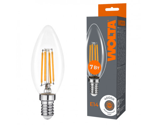 Светодиодная лампа WOLTA Filament, AC 220-240В, 50/60 Гц, прозрачное стекло, "Свеча", C35, E14, 7 Вт, 630 лм, 4000 К, 1/10/100