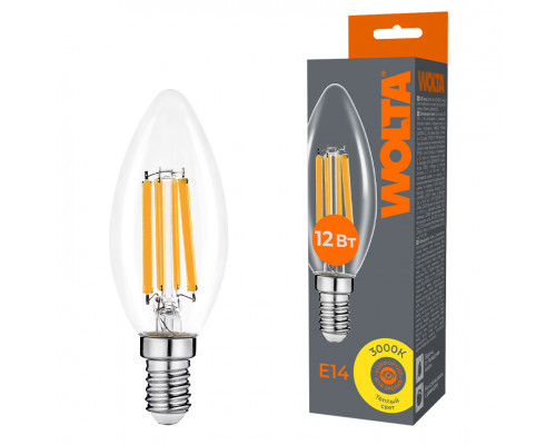 Светодиодная лампа WOLTA Filament, AC 220-240В, 50/60 Гц, прозрачное стекло, "Свеча", C35, E14, 12 Вт, 1050 лм, 3000 К, 1/10/100