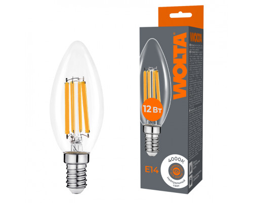 Светодиодная лампа WOLTA Filament, AC 220-240В, 50/60 Гц, прозрачное стекло, "Свеча", C35, E14, 12 Вт, 1050 лм, 4000 К, 1/10/100