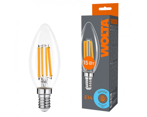 Светодиодная лампа WOLTA Filament, AC 220-240В, 50/60 Гц, прозрачное стекло, "Свеча", C35, E14, 15 Вт, 1200 лм, 6500 К, 1/10/100