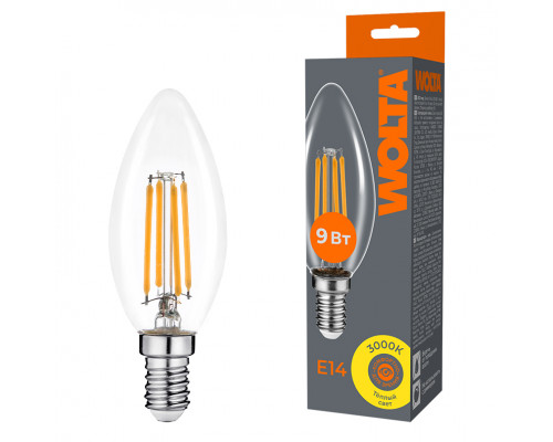 Светодиодная лампа WOLTA Filament, AC 220-240В, 50/60 Гц, прозрачное стекло, "Свеча", C35, E14, 9 Вт, 810 лм, 3000 К, 1/10/100