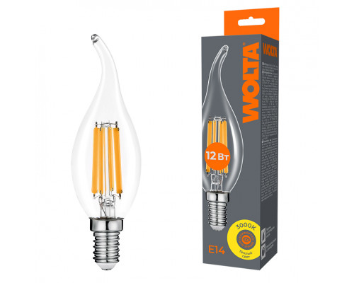 Светодиодная лампа WOLTA Filament, AC 210-240В, 50/60 Гц, прозрачное стекло, "Свеча на ветру", CT35, E14, 12 Вт 1050 лм, 3000 К, 1/10/100