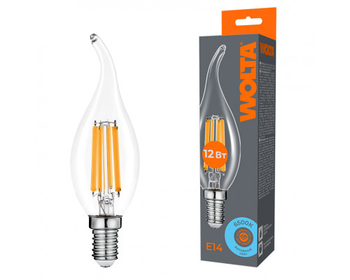 Светодиодная лампа WOLTA Filament, AC 210-240В, 50/60 Гц, прозрачное стекло, "Свеча на ветру", CT35, E14, 12 Вт 1050 лм, 6500 К, 1/10/100