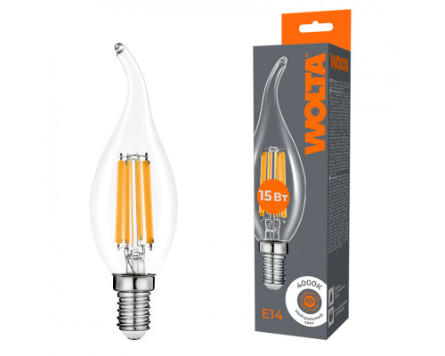Светодиодная лампа WOLTA Filament, AC 210-240В, 50/60 Гц, прозрачное стекло, "Свеча на ветру", CT35, E14, 15 Вт, 1200 лм, 4000 К, 1/10/100
