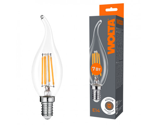 Светодиодная лампа WOLTA Filament, AC 210-240В, 50/60 Гц, прозрачное стекло, "Свеча на ветру", CT35, E14, 7 Вт, 630 лм, 4000 К, 1/10/100