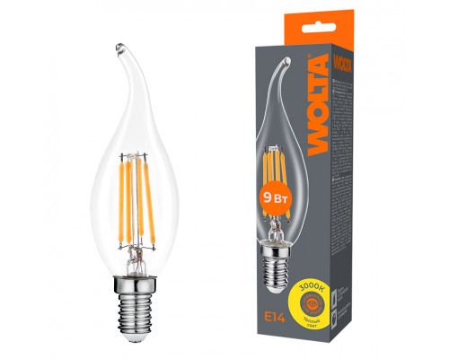 Светодиодная лампа WOLTA Filament, AC 210-240В, 50/60 Гц, прозрачное стекло, "Свеча на ветру", CT35, E14, 9 Вт, 810 лм, 3000 К, 1/10/100